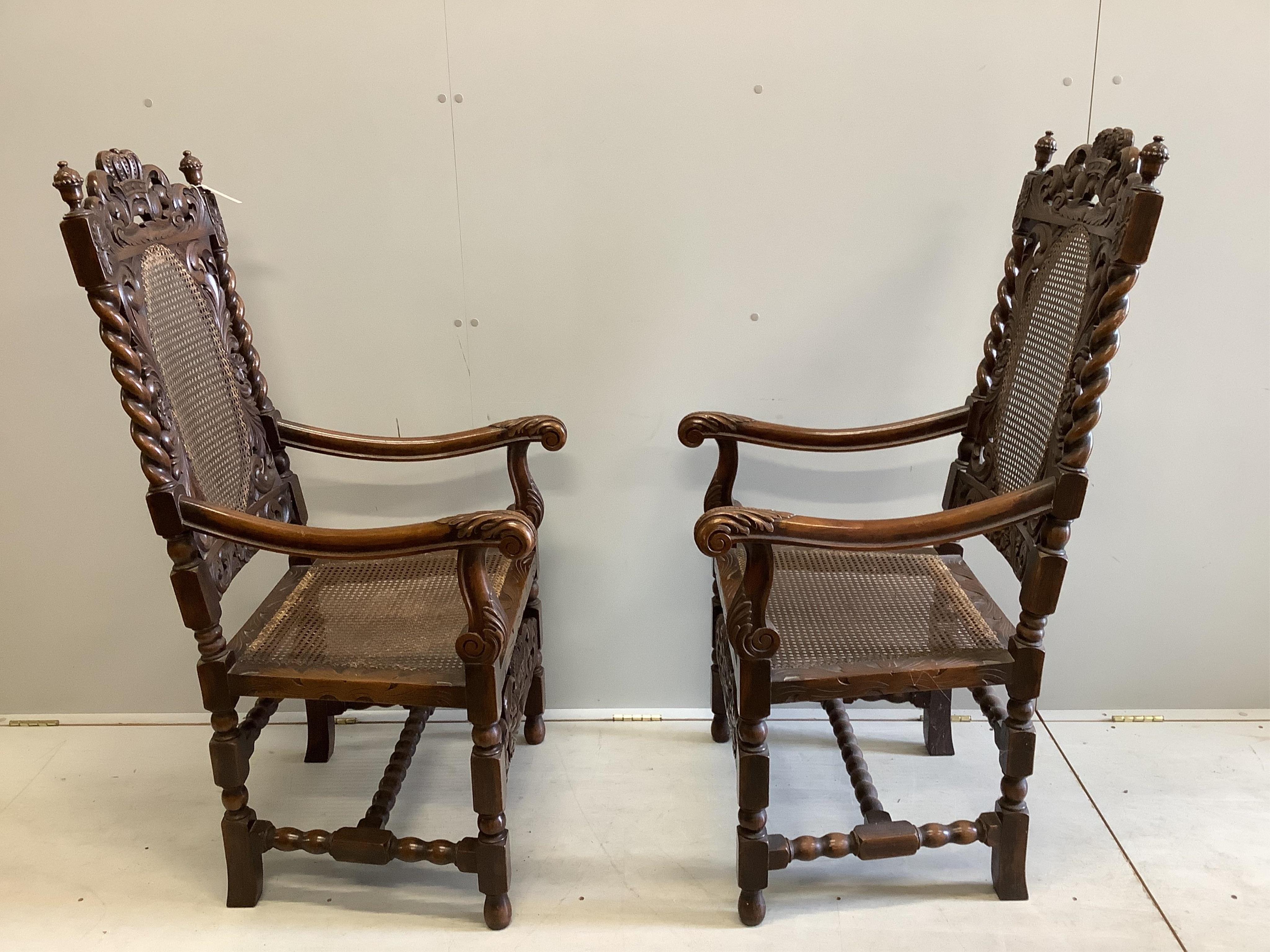 Two pairs of Carolean style chairs, larger height 132cm. Condition - fair